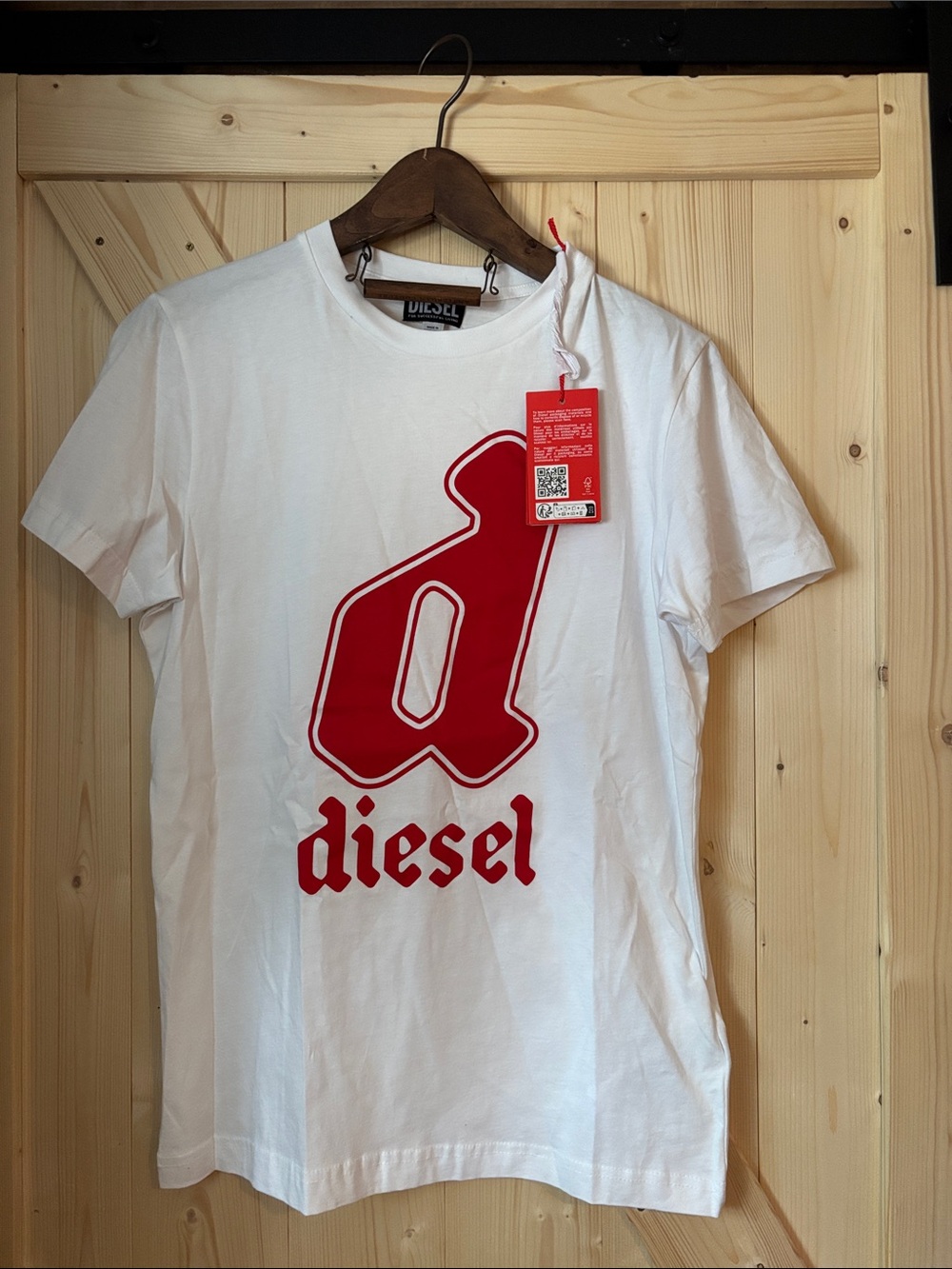 Diesel White Tee with Bold Red 'd' Graphic